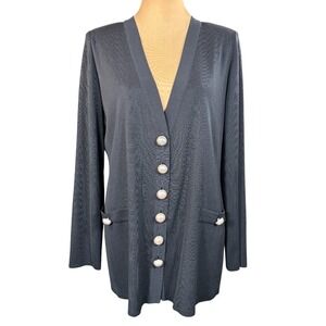 Misook Ribbed Knit Cardigan Pearl Button Accents Black Size‎ Large Elegant Knit
